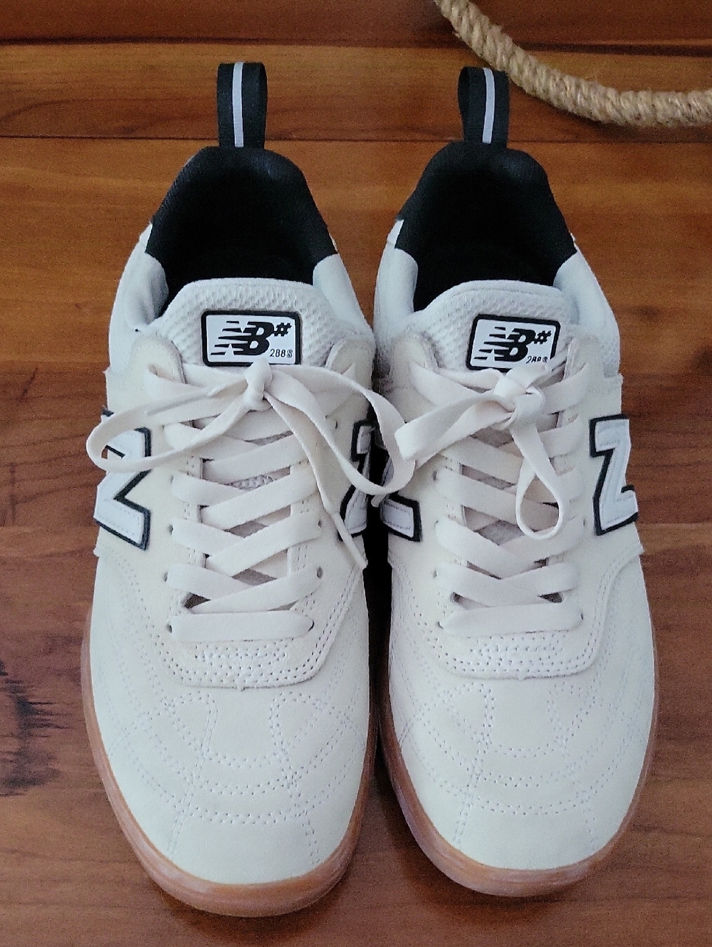 New Balance Men’s Cream Sneakers with Gum Sole and Black Accents